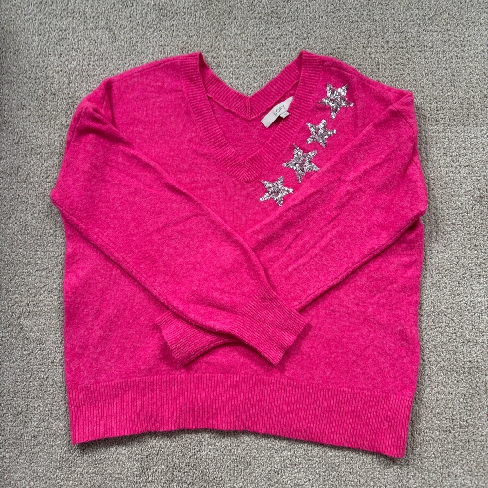 LOFT Fuchsia V-Neck Sweater with Silver  Sequin Star Details